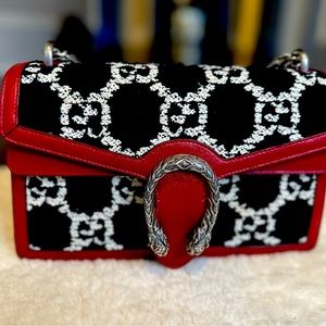 Gucci Dionysus Tweed Logo Silver Chain Leather Handbag Red Black White Authentic